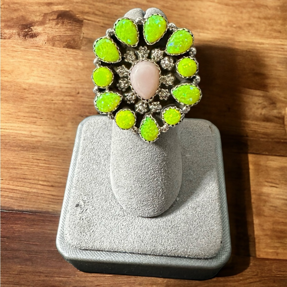 Green Aurora & Pink Opals Solid Sterling Silver Ring